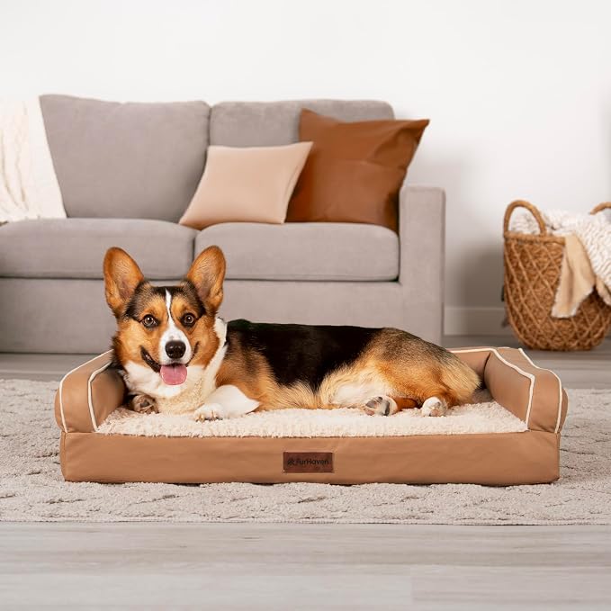 Furhaven Orthopedic Dog Sofa Bed – Memory Foam Couch with Bolsters, Textured Plush & Water-Resistant Cover, Washable Cover, Joint Support - Camel, Medium