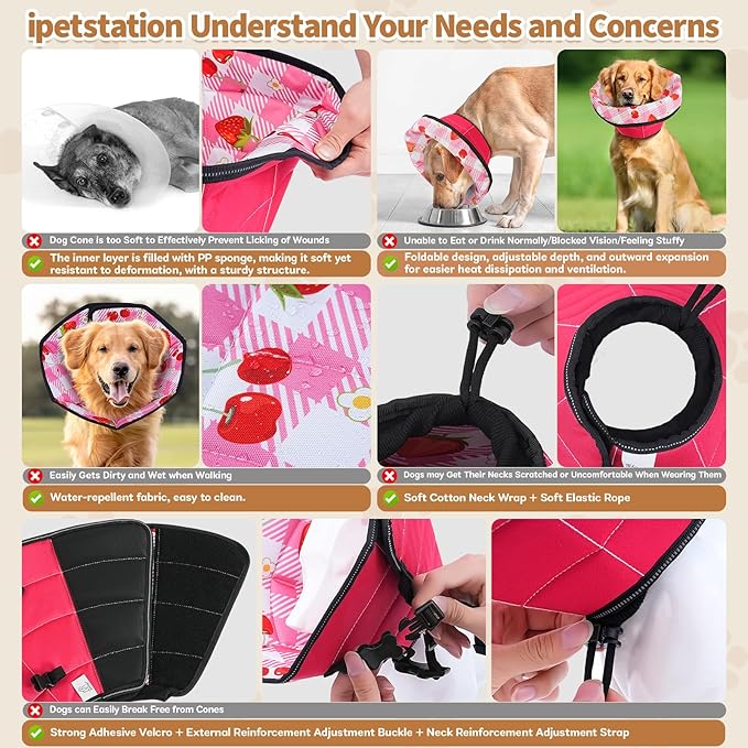 Soft Dog Cone Collar After Surgery: Adjustable Long Foldable Comfy Recovery Shame Elizabethan Stop Licking Small Medium Large Dogs (Red, M)