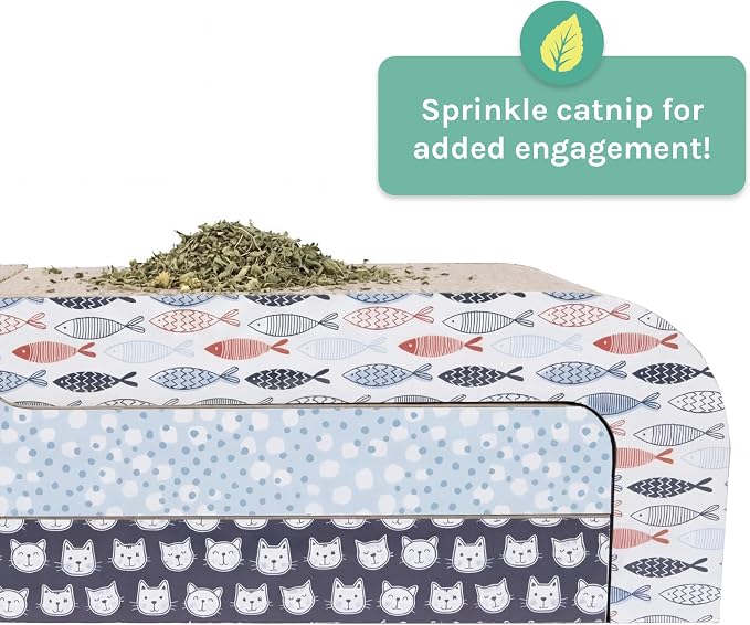 Kitty City 3‑Pack Corrgate Cat Scratcher Pads with Catnip - Horizontal Nail Filing Scratch Mat, Durable Couch Lounger Bed Alternative, Cat Scratch Toy - Cute Fish & Cats Design, Large 18.5” x 9.5”