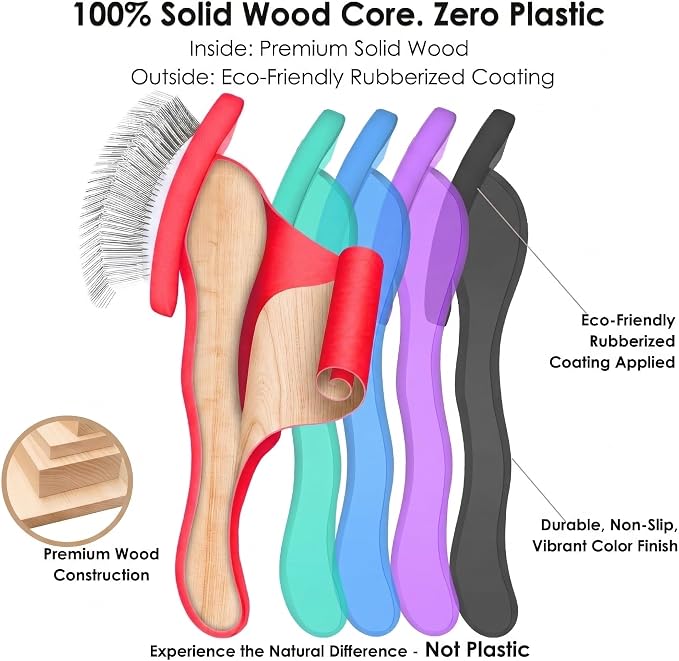 Large Slicker Brush for Dogs - 3-Piece Solid Wood Dog Grooming Kit for Doodles and Poodles - for Wavy, Curly & Matted Hair, Red