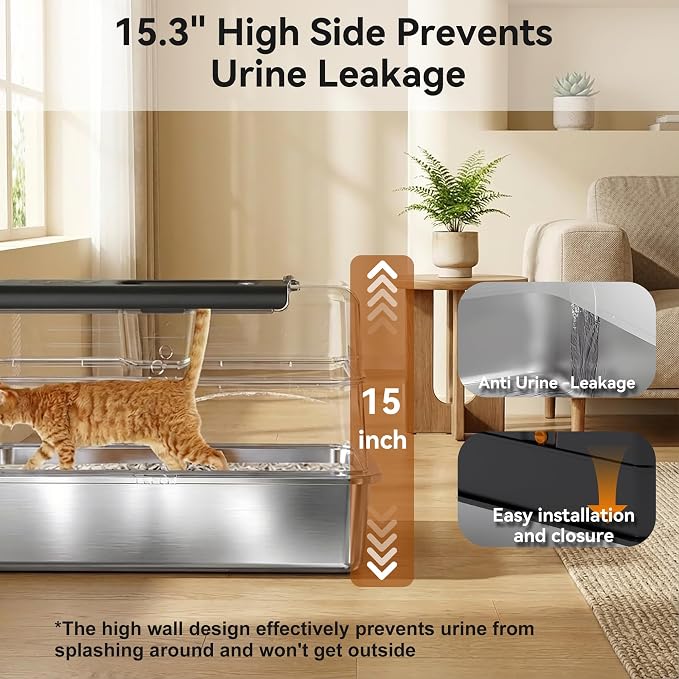 Stainless Steel Cat Litter Box, Enclosed Odor Control Extra Large Metal Litter Box with Lid, 135° Flip-Top Covered Design, Leak-Proof High Sided Box for Large Cats & Multi-Cat Homes, Black