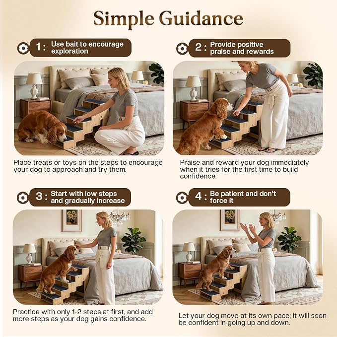 5-Step Wooden Dog Steps for Bed, Anti-Slip Dog Stairs with Carpet Pads, 23.6 Inches Pet Ramp for Dogs to Get on Bed, Pet Stairs for Old & Senior Dogs/Cats, Pet Steps Ladder for High Beds/Couch Sofa