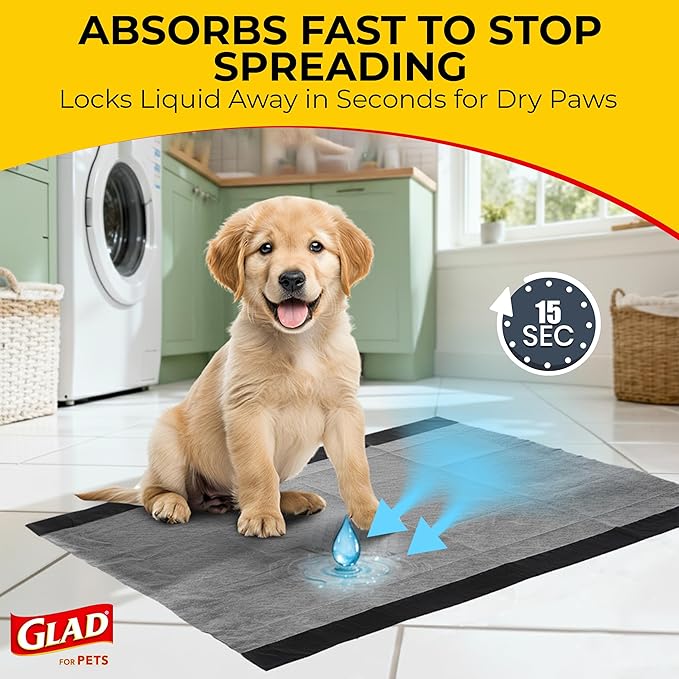Glad for Pets Extra Large Charcoal Training Pads for Dogs and Puppies, Activated Carbon Odor Control, 6-Layer Absorbent Leak-Proof Pee Pads with Pheromone Attractant, 28 x 30 in, 30 Count - 6 Pack