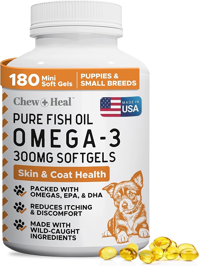 Omega 3 Fish Oil for Dogs Small Breeds & Puppies - 180 Mini Softgels - Dog Skin & Coat Supplement 300mg Wild Caught Salmon Oil - Shedding, Itch Relief, Hot Spots, Allergies - EPA and DHA - Chew + Heal