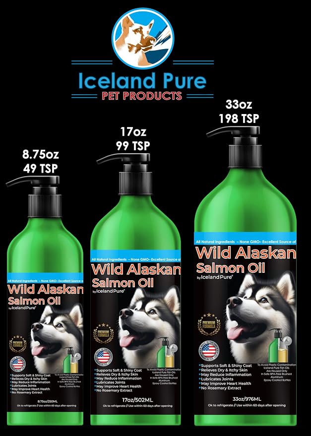 Wild Alaskan Salmon Oil for Dogs and Cats by Iceland Pure | 1,043 mg of Omega-3 per Teaspoon | Salmon Oil & Pollock Blend | BPA-Free Brushed Aluminum Epoxy Coated Bottle with Pump - 8.75 oz