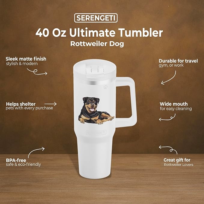 SERENGETI 40 Oz Ultimate Tumbler with Handle and Straw - Vacuum Insulated Tumbler with Straw and Lid - Stainless Steel Travel Mug for Pet Lovers - 3D Designs of your favorite Dog (Rottweiler)