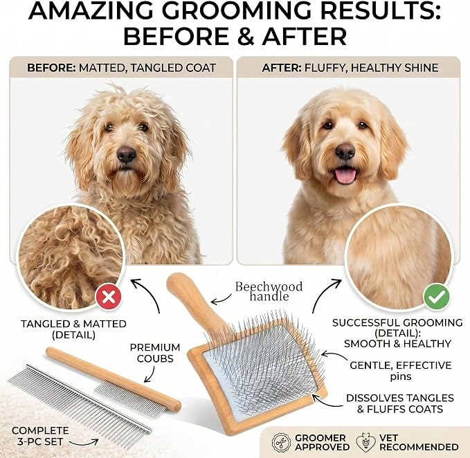 Slicker Brush for Dogs, Large Dog Grooming Brush for Doodles Goldendoodles Poodles Labradoodle Bernedoodles, Long Combs to Wavy & Curly Hair - Wooden Handle 3 Pcs - Nature