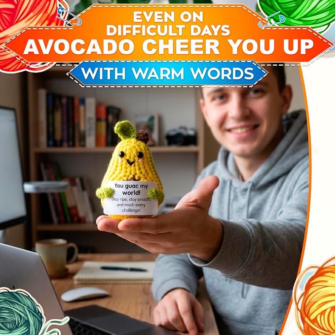 Reluen Crochet Avocado, Stay Ripe Stay Smooth Handmade Mini Avocado Stuffed Figure with Affirmation Message Card, Cute Friend Gifts Desk Decor for Women Men Mom Daughter Sister Coworker Birthday