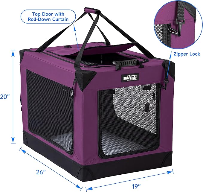 EliteField 4-Door Folding Soft Dog Crate (2-Year Warranty) with Aluminum Frame, Top Curtain, Carrying Bag, and Fleece Bed, Indoor & Outdoor Pet Home (26" L x 19" W x 20" H, Purple)