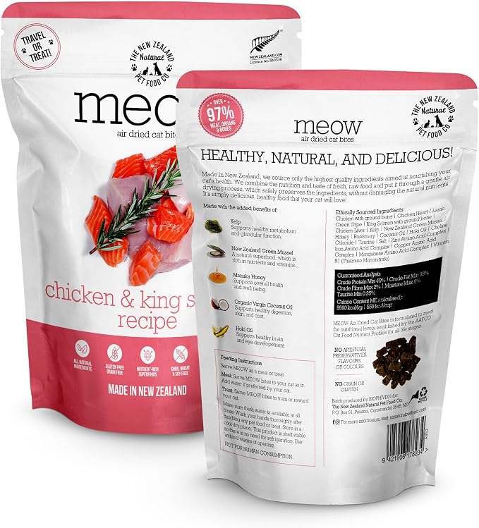 The New Zealand Natural Pet Food Co. Meow e - Chicken & King Salmon Recipe, Dry Cat Food Use as a Complete Diet, Topper, Mixer, or as Cat Training Treats, All Life Stages, 3.5 oz