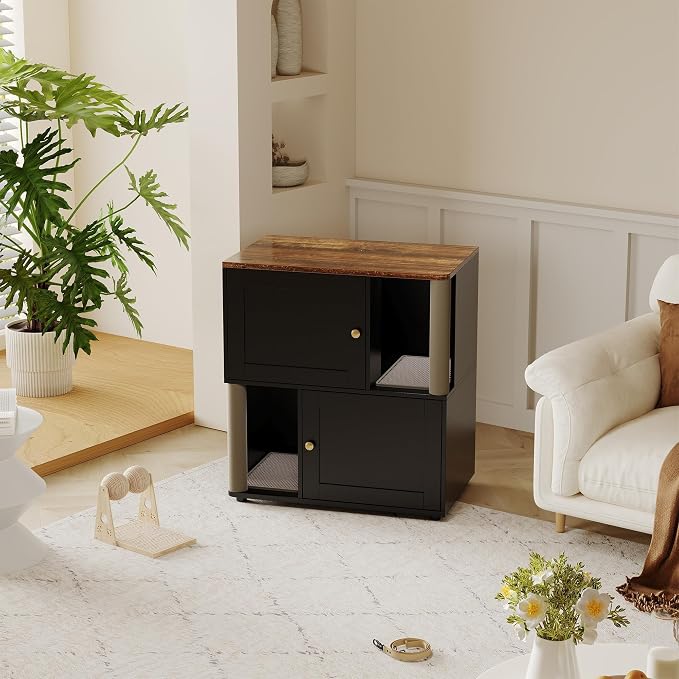 2-Tier Wooden Cat Litter Box Enclosure, Hidden Privacy Cabinet for 2 Cats, Space-Saving Indoor Pet House End Table with Built-in Scratching Post