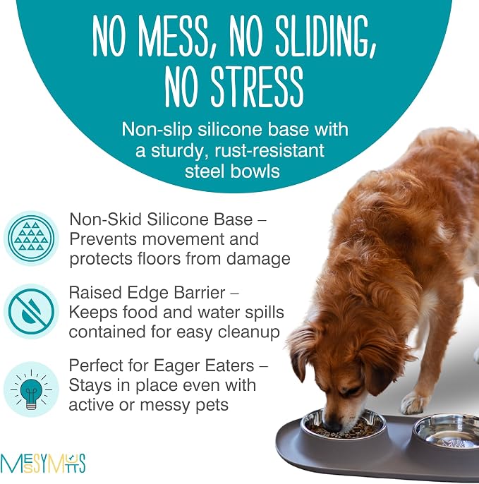 Messy Mutts Double Silicone Feeder with Stainless Bowls | Non-Skid Food Dishes for Dogs for All Pets | Dog Food Bowls | Medium, 1.5 Cups Per Bowl | Grey