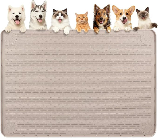 Dog Food Mat, Extra Large 70" x 45" Silicone Pet Feeding Mat with Raised Edge Pet Placemat for Small, Medium, and Large Pets Non-Slip, Easy to Clean (Khaki)