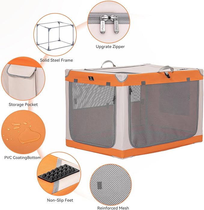 36" Collapsible Dog Crate for Large Dogs - Portable Soft Travel Kennel with Lockable Zippers, Waterproof Base, Washable Cover, Patented Screw Frame for Adjustable Tension, Outdoor, Indoor, Car Use