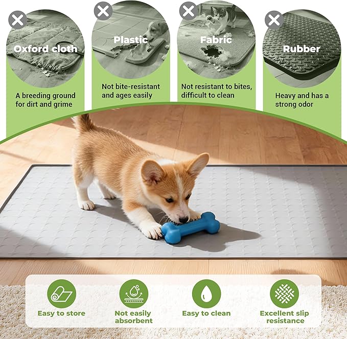 Extra Large 34x22 Inch Machine Washable Silicone Pet Food Mat - Waterproof Dog & Cat Bowl Mat with Raised Edge, Non-Slip Floor Protector for Large Dogs, Multi-Pet Homes (Grey)