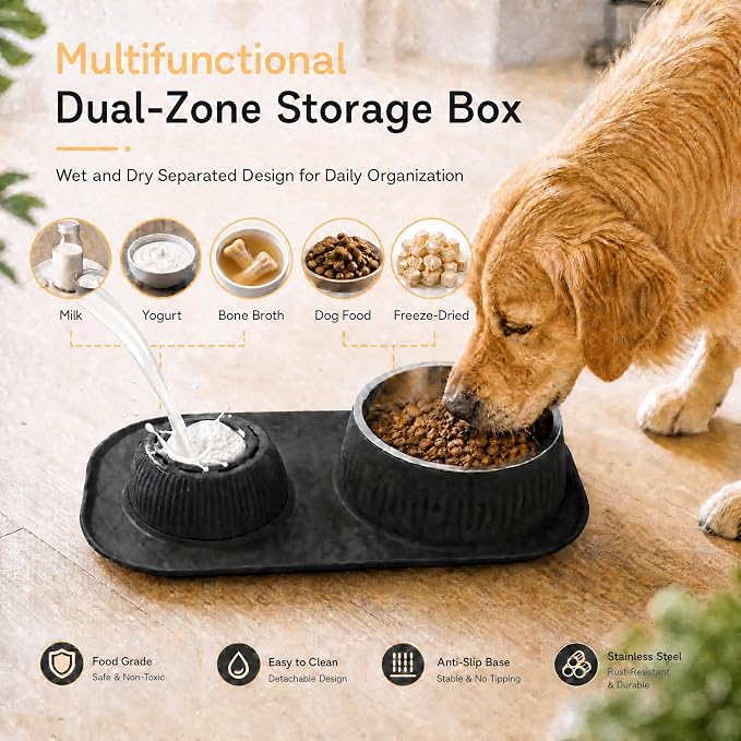 2-in-1 Dog Licking Bowl with Rolling Ball, Stainless Steel Dog Bowls & No-Spill Silicone Lick Mat for Dogs, Wet Dry Separation Dog Slow Feeder Puzzle Licking Toy for Dogs and Cats