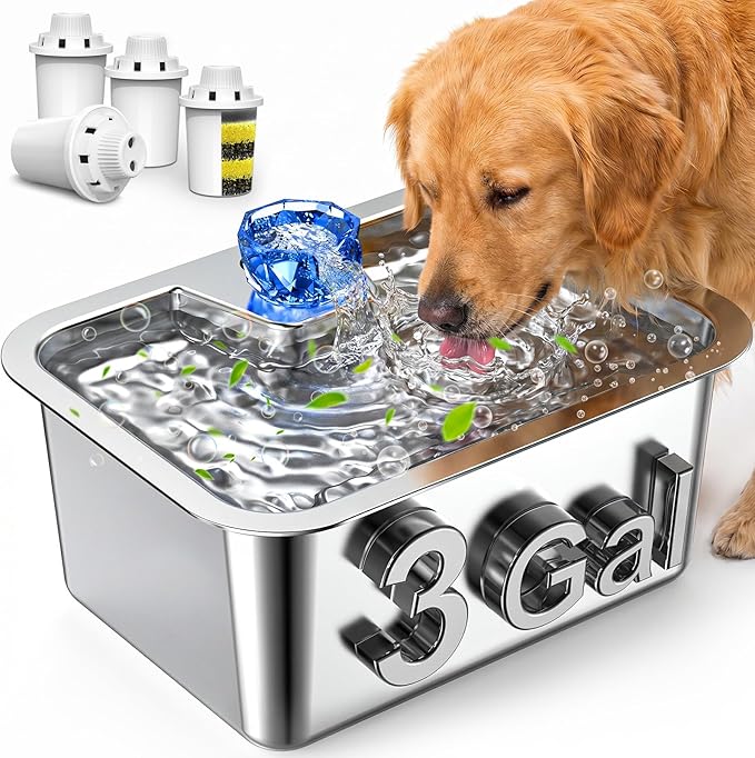 PETNF Dog Water Fountain, 3Gal Stainless Steel Pet Water Dispenser with 4-Stage Filtration, Ultra-Quiet Pump & Circulating Flow, Ideal for Large Dogs Multi-Pet Home, Perfect for Long Trips & Daily Use