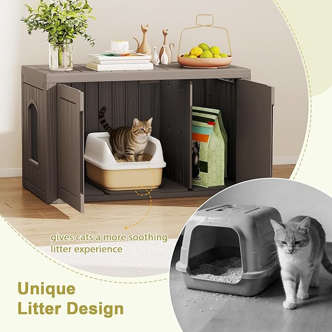 Cat Litter Box Enclosure, Hidden Enclosed Litter Box Furniture with Adjustable Partition, Multi-Functional Outdoor Cat House, Side Table, Easy to Clean, Dark Grey