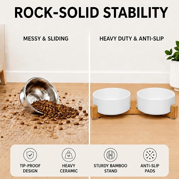 SPUNKYJUNKY Ceramic Dog and Cat Bowl Set with Wooden Stand, Modern Cute Weighted Food Water Bowl Set for Medium to Large Size Dogs (42 OZ, 2 × White)