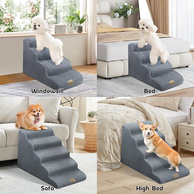 Mestuel Dogs Stairs for High Bed, 23in Foam Dog Stairs Steps for Large Dogs, Large Pet Stairs, 5 Steps Dog Ramp to High Couch Sofa Bed Indoor with Gentle Slope& Nonslip Bottom, Gray