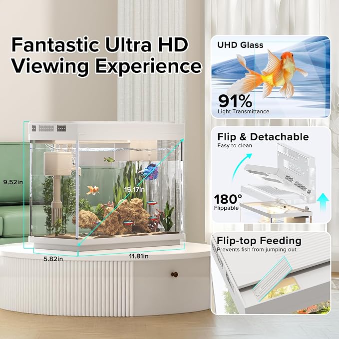Vehipa Fish Tank 2.4 Gallon Aquarium Kit with Humidifier 7-Color Auto-Looping 3 in 1 Quiet Pump with Filteration & Oxygenation & Circulation, Temperature Display, HD Glass