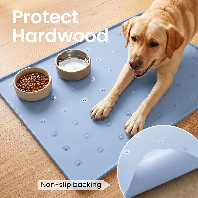 Silicone Pet Feeding Mat, 26x18 Inch Waterproof Dog Bowl Mat – Non-Slip, Machine Washable, Thin 0.28 Inch Edge for Messy Eaters, Protects Hardwood & Tile Floors, Blue