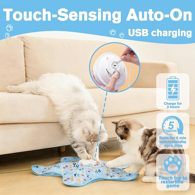 Interactive Cat Toy, Automatic Activated Hide and Seek Toys for Indoor Cats, with Moving Feathers, Switchable Mouse Sounds, Rechargeable