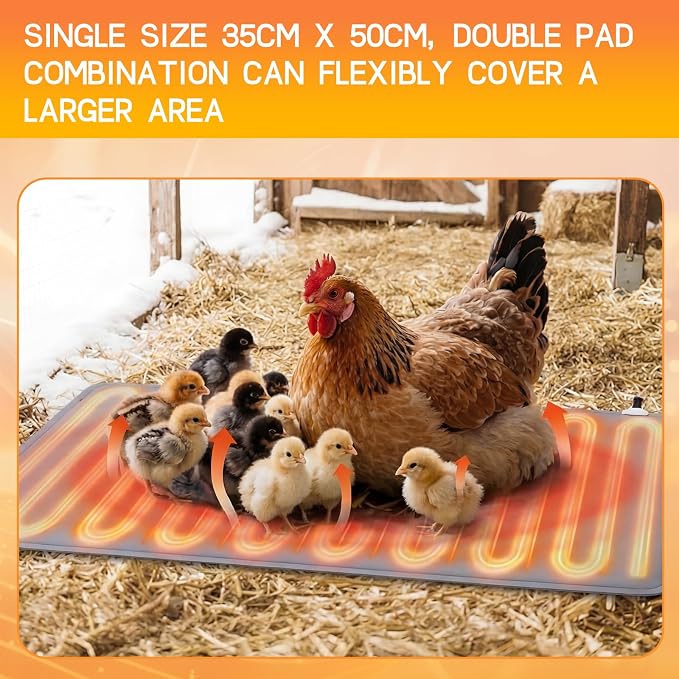 Remerry 2 Pcs Chicken Heated Pads 20 x 14 Inch Pet Heating Pad Small Animal Indoor Outdoor Heating Pad Adjustable Temperature Waterproof Heated Mat 30-Level Controller (25-60°c) with 10-Hour Timer