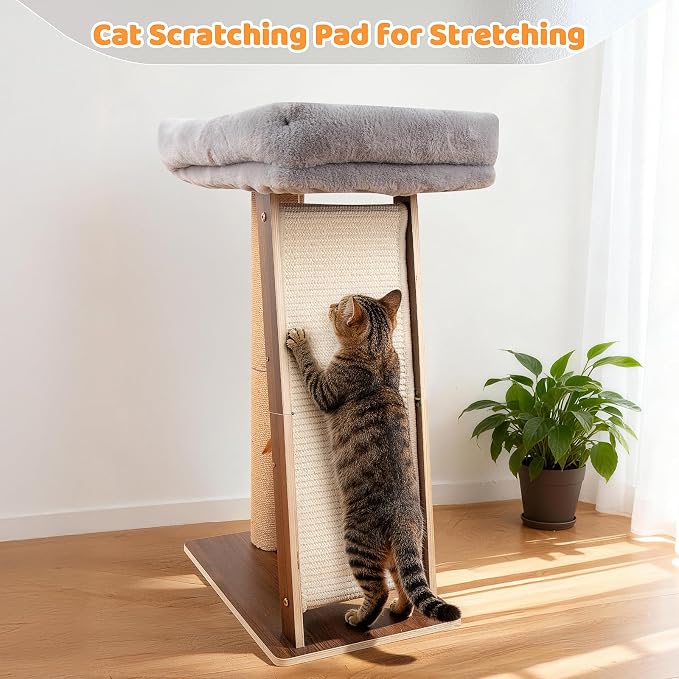 27.5" Cat Scratching Post, 3-in-1 Multifunctional Walnut Finish Pine Wood Cat Furniture, Tall Scratch Posts with Perch&Scratcher, Boxed with Hanging Bell Toy, Medium