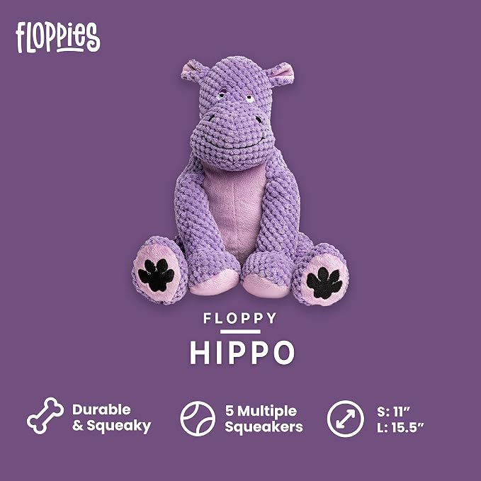 fabdog Floppies Plush Dog Toy - Cute & Durable Squeaky Dog Toys - Squeak Toy for Puppies and All Breeds | Ideal Pet Gift| Small Hippo