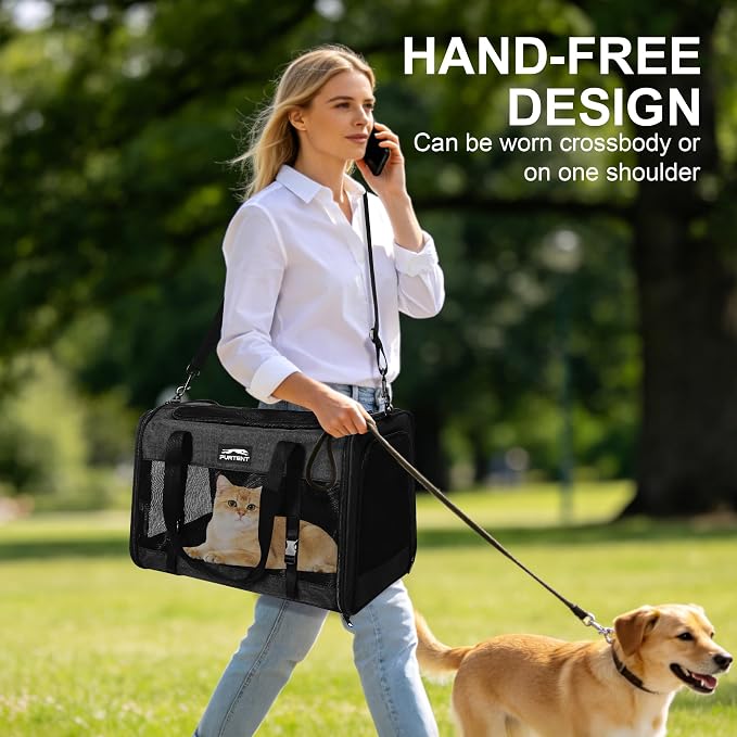 Soft Sided Cat Carrier for Large Cats, Pet Carrier for 2 Cats or Small Dogs Up to 25Lbs, Large Cat Carrier with Shoulder Strap, Cat Car Carrier with Safety Rope, Cat Carriers 20x13x13 inches, Black