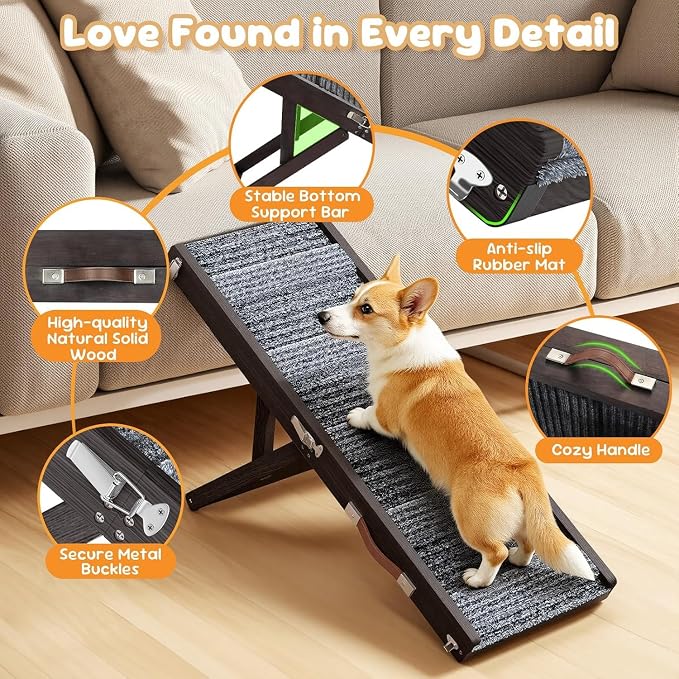 Pawaboo Foldable Dog Ramp, Small Dog Ramp for Couch, 4 Adjustable Height from 13'' to 21", Stable Pet Steps with Non-Slip Pad, Portable Pet Ramps Use for Couch Sofa Stairs, Black