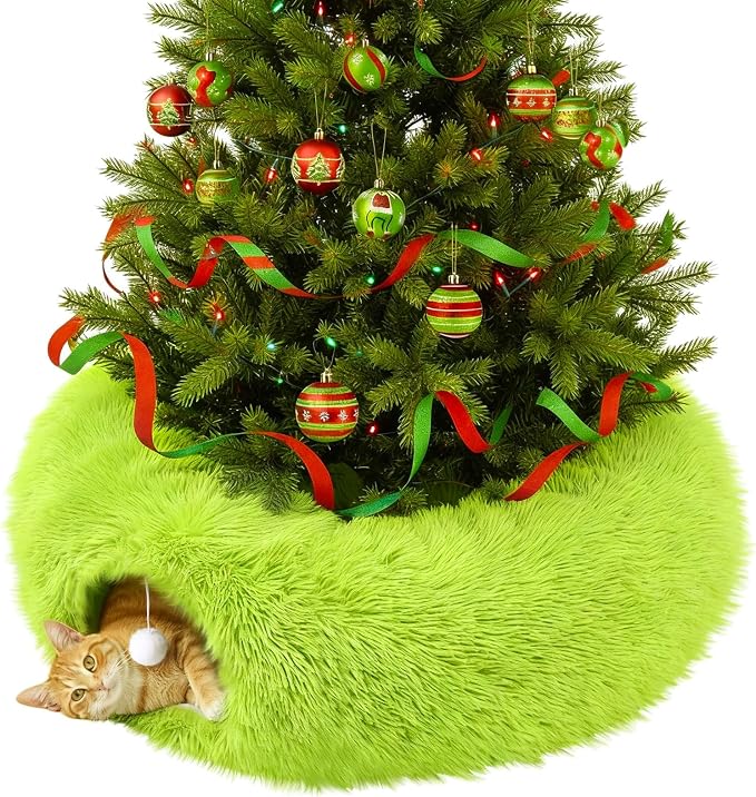 Thyle Christmas Cat Tunnel Bed Under Christmas Tree for Indoor Cats Xmas Pet Donut Tunnel with Cushion Foldable Round Pet Toy for Small Animals Kitten(3ft X 3ft X 9.8in,Green,Plush)