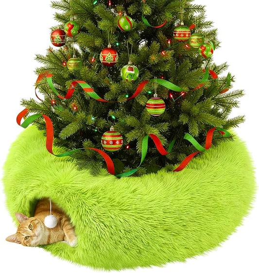 Thyle Christmas Cat Tunnel Bed Under Christmas Tree for Indoor Cats Xmas Pet Donut Tunnel with Cushion Foldable Round Pet Toy for Small Animals Kitten(3ft X 3ft X 9.8in,Green,Plush)
