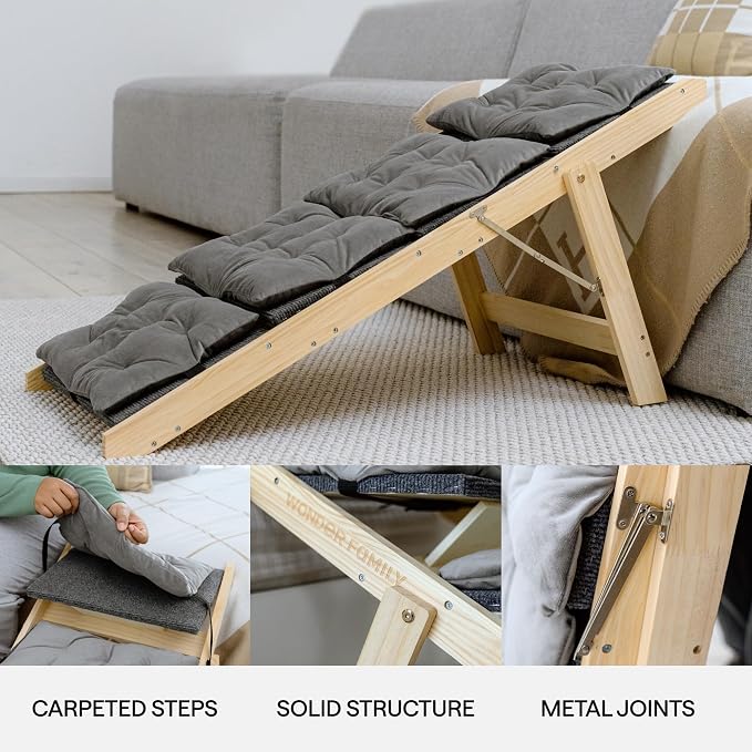 Folding Dog Ramp for Bed and Car - Transforms into Step Dog Stairs for Small, Medium, Large Breeds - Wooden Pet Stairs for Dogs to Get on Bed - Folding Pet Steps for Indoor & Outdoor Use