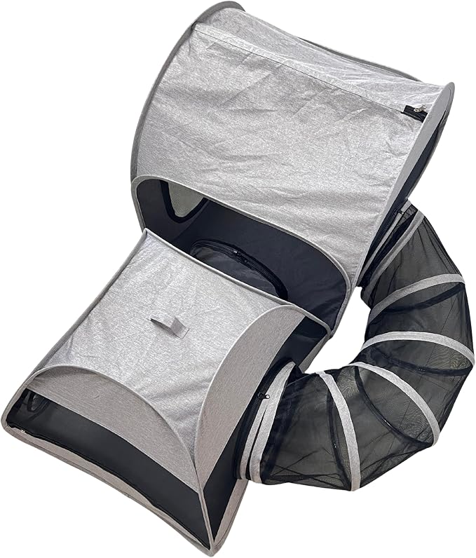 Portable 3-in-1 Cat Playpen, Outdoor Pop-up 2-Room Pet Playpen with Tunnel, Foldable Cat Dog Crate Play Enclosure with Separate Areas for Puppy Kitten and Small Animals Indoor Travel