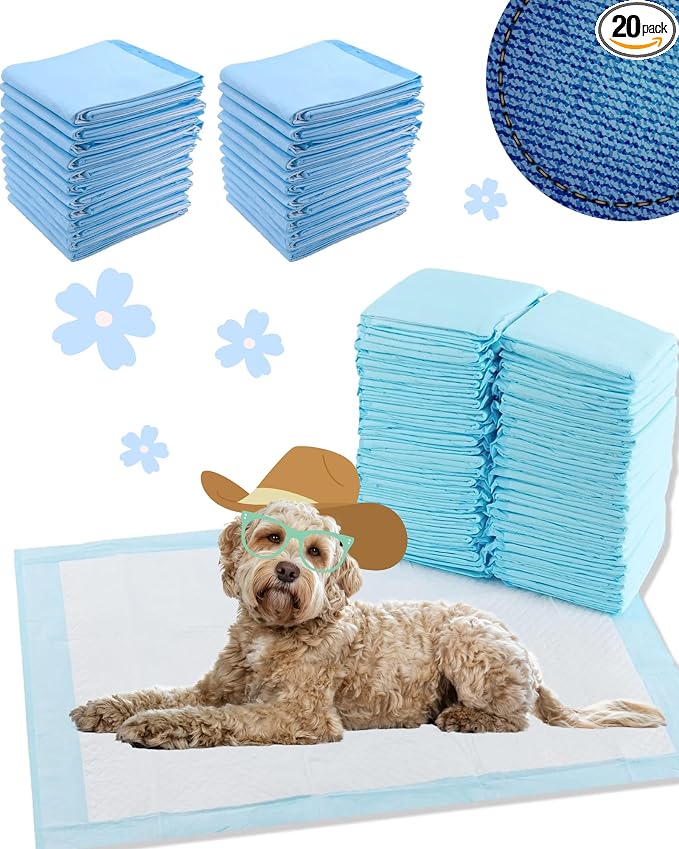 Dog and Puppy Pet Pee Training Pads with Odor-Eliminating Leak-Proof Quick-Dry Design, Potty Training, Super Absorbency, X-Large Size, 35.4 x 23.6 Inches, Pack of 20, Blue & White