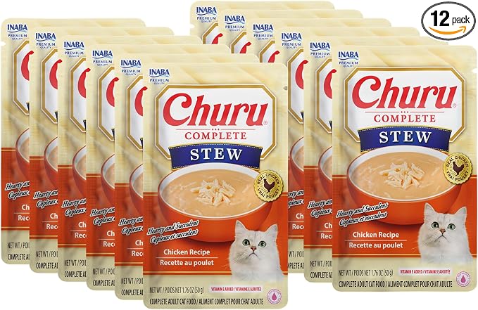 INABA Churu Complete Stew for Cats, Grain-Free, High Protein & Moisture, Wet Cat Food with Fish Oil, 1.76oz. Pouch, 12 Pouches, Chicken Recipe