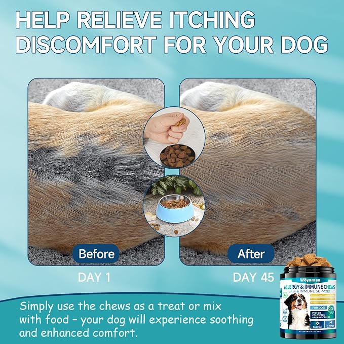 Woyamay Dog Allergy Relief & No Chew Spray Bundle - 200 Anti-Itch Chews with Omega 3, Turmeric & Bitter Apple Spray for Licking, Chewing & Skin Irritations - Itch & Behavior Control