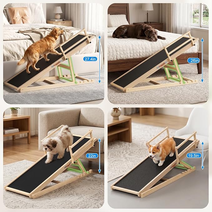 Tresbro Dog Ramp for High Bed, 55.11'' Long 19.3''-27.17'' Adjustable Height Pet Ramp with Anti-Slip Mat & Side Rails, Wooden Portable Ramp for Small to Large Dogs to Get on Bed, Couch, Up to 200LBS