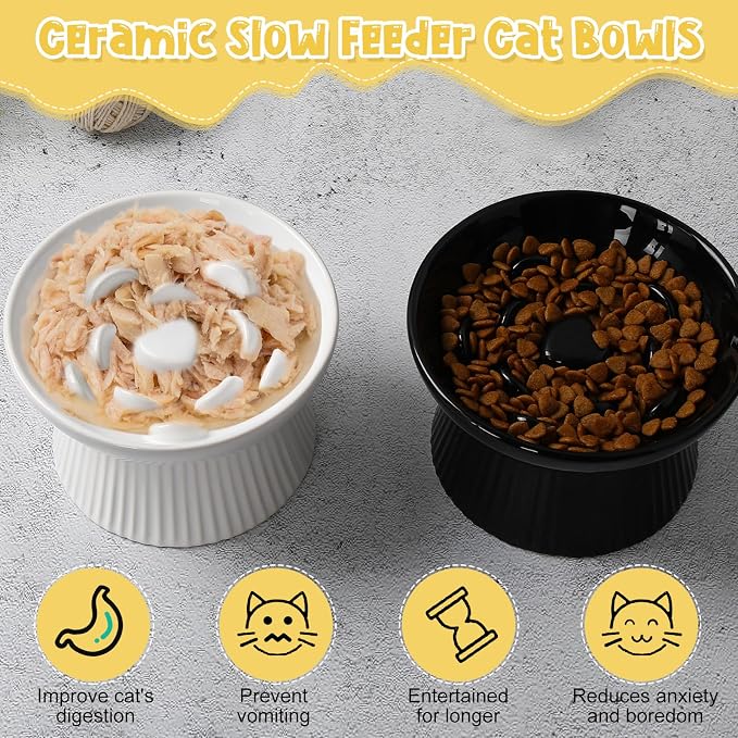 Tioncy 2 Pcs Raised Cat Slow Feeder Bowl Ceramic Elevated Cat Dog Food Bowl No Spill High Edge for Dry Wet Food and Water Easy to Clean, Dishwasher Safe (Black,White)