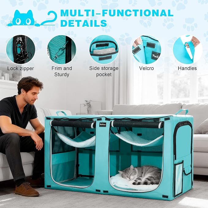 Huge Sapce Double Compartment Cat Travel Carrier with Litter Box & Homack | Cat Show Kennel Cage Crate with Mat & Water Bottle