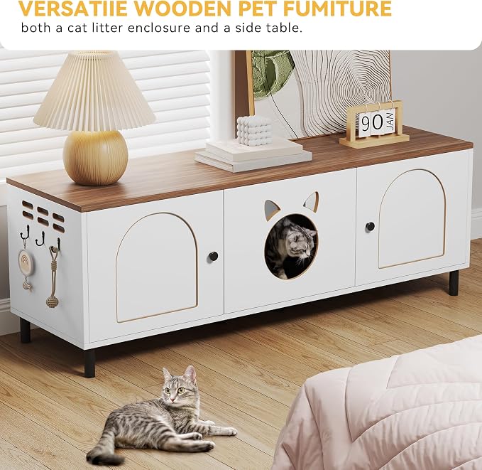 YITAHOME Cat Litter Box Enclosure, 59in Litter Box Furniture Hidden, Wooden Cat Washroom Furniture, Litterbox Furniture Hidden Fit Most of Litter Cabinet, End Table, Nightstand, Indoor Cabinet
