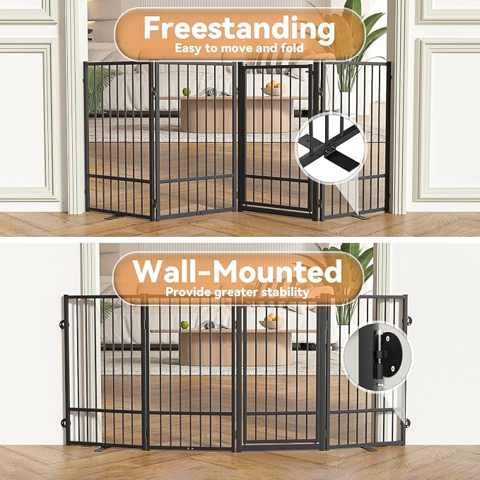 SNUOWU Full Metal Freestanding Dog Gate with Door, 36''Height Foldable Pet Dog Fence for Indoor & Outdoor, 4 Panels Extra Wide Free Standing TallDog Gates for Doorways,House,Stairs,Porch,Deck,Yard