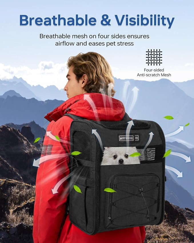 Hiking Dog Carrier Backpack, Adjustable Waist Cushioning Belt with Breathable Padded Back Support, Dog Carrier for Hiking with 5 Pockets, Dog Carrier Backpack for Small Dogs Max 13LB Black