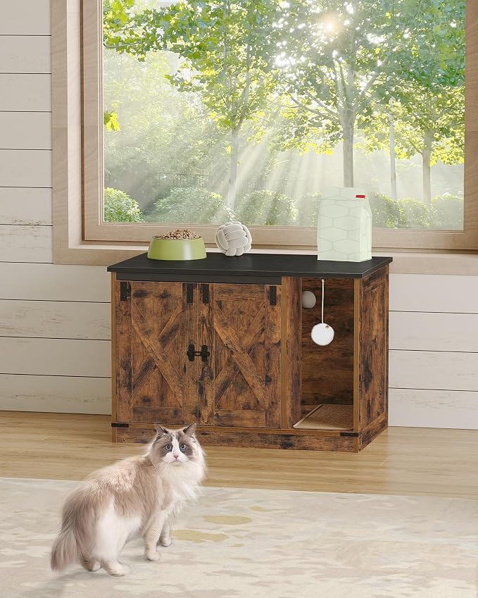 Hzuaneri Cat Litter Box Enclosure, Hidden Litter Box Cabinet Furniture with Bell, Indoor Cats House, Farmhouse Style, 31.5 x 19.7 x 20.9Inches, for Hallway, Bedroom, Rustic Brown and Black CB82401X