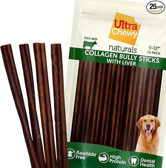 Ultra Chewy Collagen Sticks 9-12 inches (25 Pack) – Long Lasting Odor-Free, All-Natural Dog Chews – Rawhide & Bully Stick Alternative