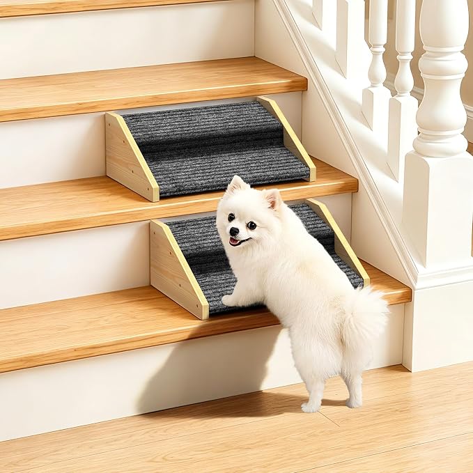 2 Pack Dog Ramp for Stairs-2-Step Wooden Pet Ramp with Non-Slip Carpet for Small Dogs,Gentle Slope Support for Senior Injured Aging Short-Legged Pets,Indoor Use