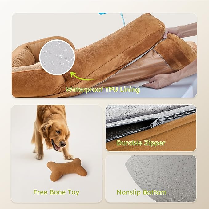CWAWZ Dog Beds for Large Dogs, Orthopedic Dog Bed with Cooling Gel Memory Foam, Waterproof Large Pet Bed with Removable Washable Cover, 36" Pet Sofa Couch Dutch Velvet with Bone Toy, Brown