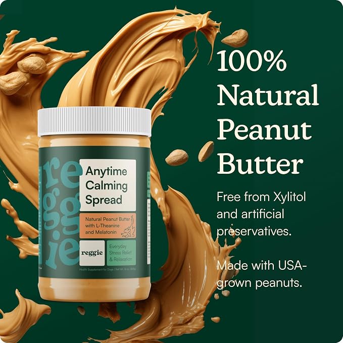 Reggie Calming Peanut Butter for Dogs, 100% Natural Dog Peanut Butter with Melatonin & L-Theanine, Lick Mat Spread for Short-Term Dog Anxiety Relief, Made in USA 16oz (2 Pack)